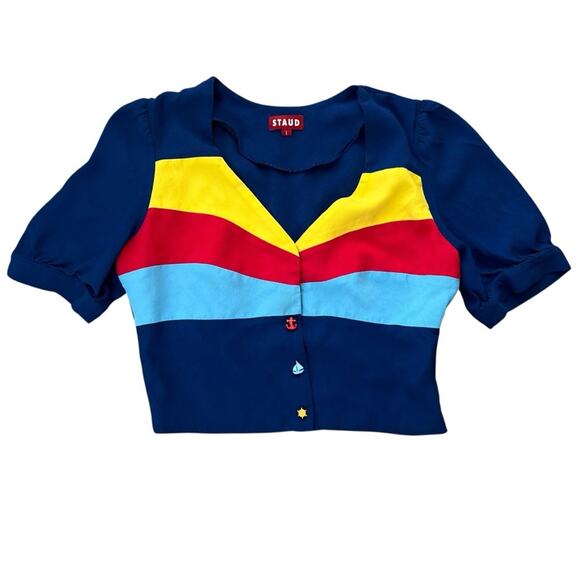 Staud Women’s Nautical Striped Navy Yellow Red Boxy Collared Button Blouse Top L - Picture 9 of 9